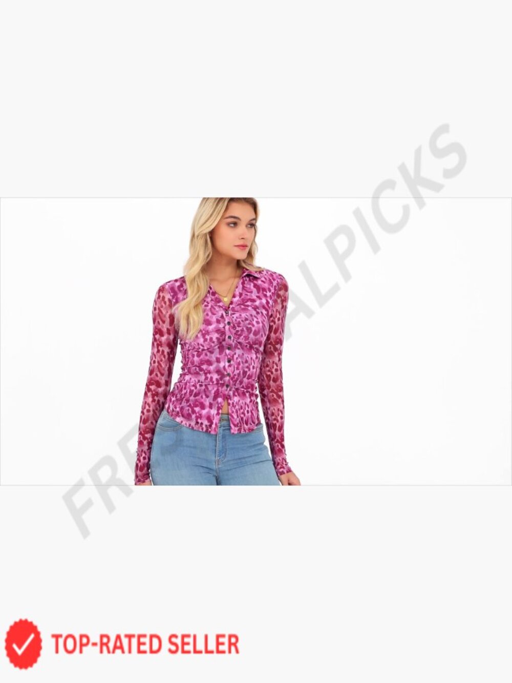 Floral Button Down Blouse V Neck Long Sleeve Sheer Mesh Boho Top Date Night - Picture 7 of 7